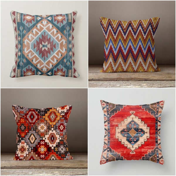 Southwestern Throw Pillow Top,Rug Design Pillow Cover,Authentic Turkish Kilim Pattern Cushion,Aztec Print Ethnic Pillowcase