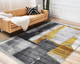 Abstract Hallway Rug,Gray Yellow Carpet,Machine-Washable Fringed Non-Slip Rug,Farmhouse Multi-Purpose Anti-Slip Carpet,Stylish Living Room