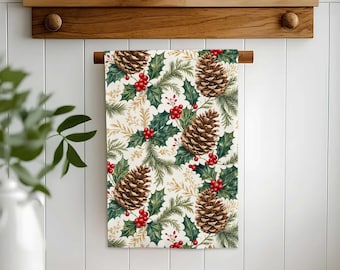 Christmas Pine Cone Holly Hand Towel,Holiday Tea Towel,Woodland Xmas Decor,Farmhouse Dishcloth,Cost Effective Rag