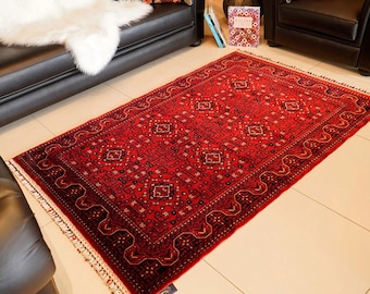 Ethnic Afghan Rug,Oriental Style Carpet,Machine-Washable Area Rug,Classic Farmhouse Multi-Purpose Carpet,Red Color Non-Slip Living Room Rug