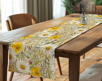 Country Farmhouse Summer Dining Decor,Cottagecore Wildflower Table Runner,Buttercup Daisy Floral Tablecloth,Cozy Rustic Tabletop