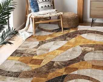 Brown Beige Carpet,Abstract Area Rug,Machine-Washable Fringed Non-Slip Rug,Stylish Multi-Purpose Anti-Slip Carpet,Bohemian Living Room Rug