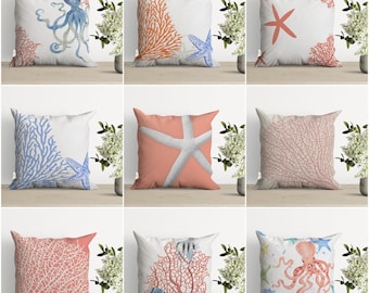 Coastal Throw Pillow Cover,Nautical Pillow Case,Starfish Cushion Cover,Octopus Pillowcase,Coral Print Beach House Decor,Summer Trend Decor
