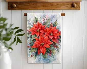 Winter Poinsettia Floral Hand Towel,Christmas Tea Towel,Holiday Xmas Decor,Farmhouse Dishcloth,Cost Effective Rag