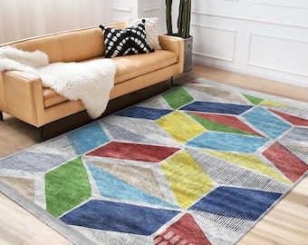 Colorful Carpet,Geometric Area Rug,Machine-Washable Fringed Non-Slip Rug,Boho Style Multi-Purpose Anti-Slip Carpet,Abstract Living Room Rug