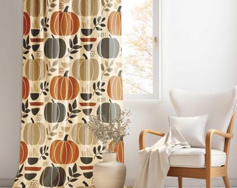 Abstract Fall Pumpkin Curtain|Geometric Autumn Drapes|Rustic Botanical Window Treatment|Farmhouse Thanksgiving Decor