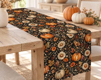 Floral Fall Tabletop,Pumpkin Print Rustic Table Runner,Autumn Tablecloth,Cozy Table Decor,Housewarming Thanksgiving Home Decor