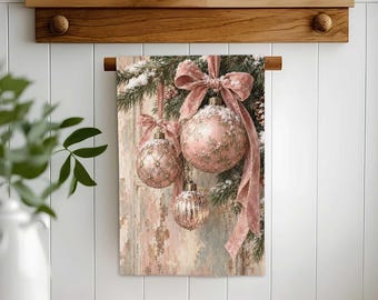 Xmas Ornament Bow Hand Towel,Christmas Tea Towel,Pink Winter Decor,Reusable Farmhouse Towel,Cost Effective Rag