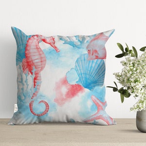 Nautical Pillow Case,Whale Seahorse Ship Print Cushion Case,Beach House Decor,Navy Marine Pillow Cover,Decorative Turquoise Cushion Cover