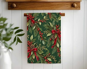 Winter Pine Cone Berry Hand Towel,Christmas Tea Towel,Evergreen Bow Xmas Decor,Farmhouse Dishcloth,Cost Effective Rag