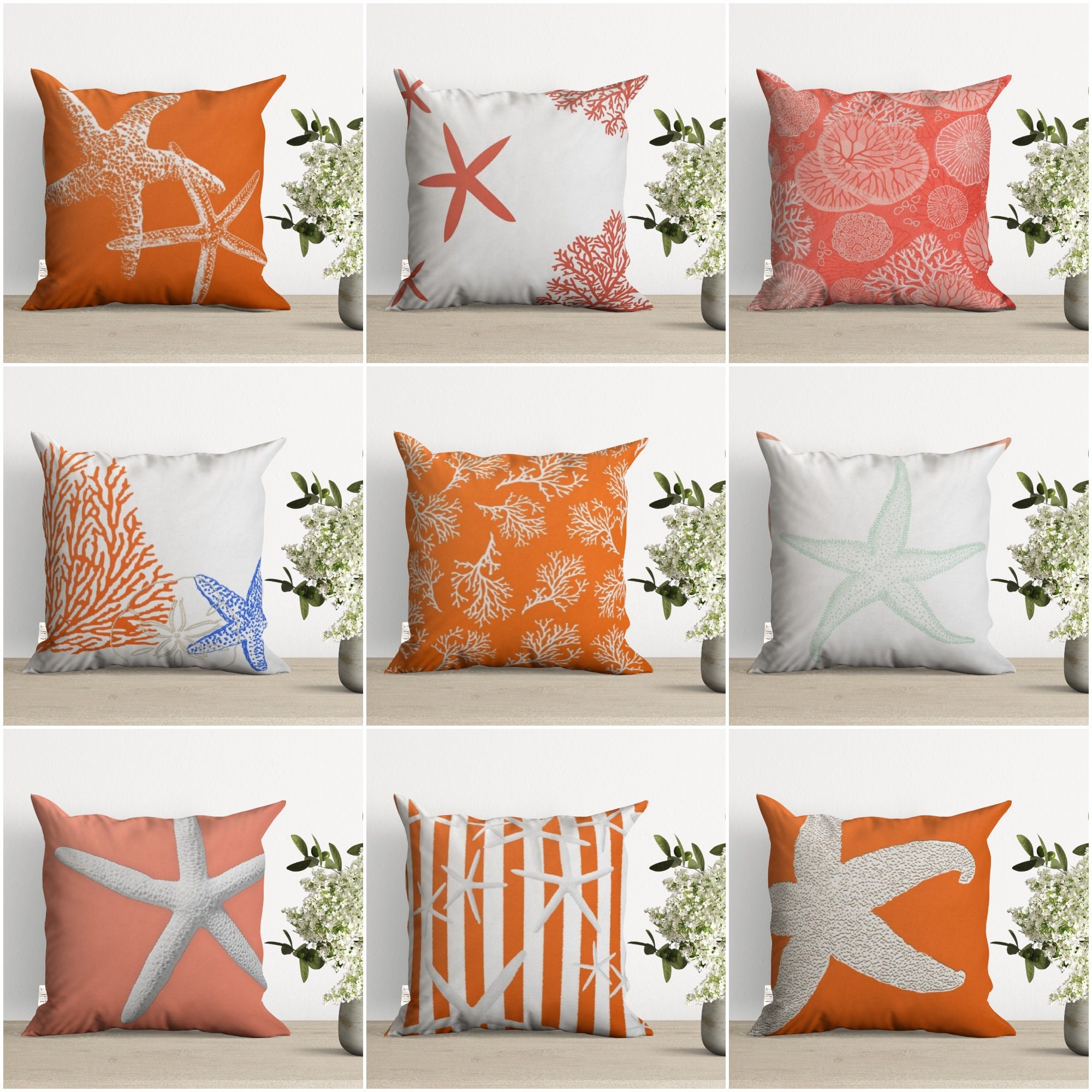 Coral and Starfish Coastal Throw Pillow Cover,nautical Pillow Case ...