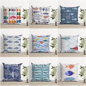 Fish Print Pillowtop,Nautical Summer Cushion Cover,Colorful Fish Decor,Beach House Pillow,Abstract Coastal Throw Pillow,Marine Pillowcase