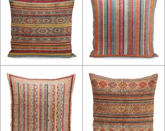 Kilim Pattern Cushion Cover,Rug Design Cushion Case,Ethnic Home Decor,Ottoman Pillow Case,Farmhouse Style Geometric Outdoor Throw Pillowtop