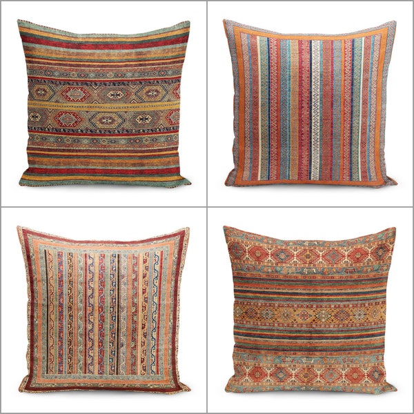 Kilim Pattern Cushion Cover,Rug Design Cushion Case,Ethnic Home Decor,Ottoman Pillow Case,Farmhouse Style Geometric Outdoor Throw Pillowtop