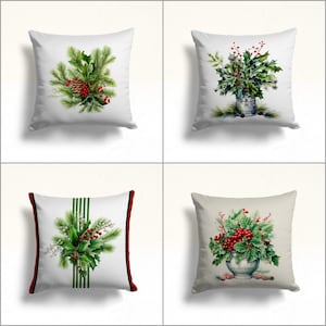 Federa per cuscino con motivo floreale di bacche rosse, cuscino per esterni con bacche di Natale, federa per cuscino per divano di Natale, federa per cuscino per veranda invernale, cuscino con aghi di pino