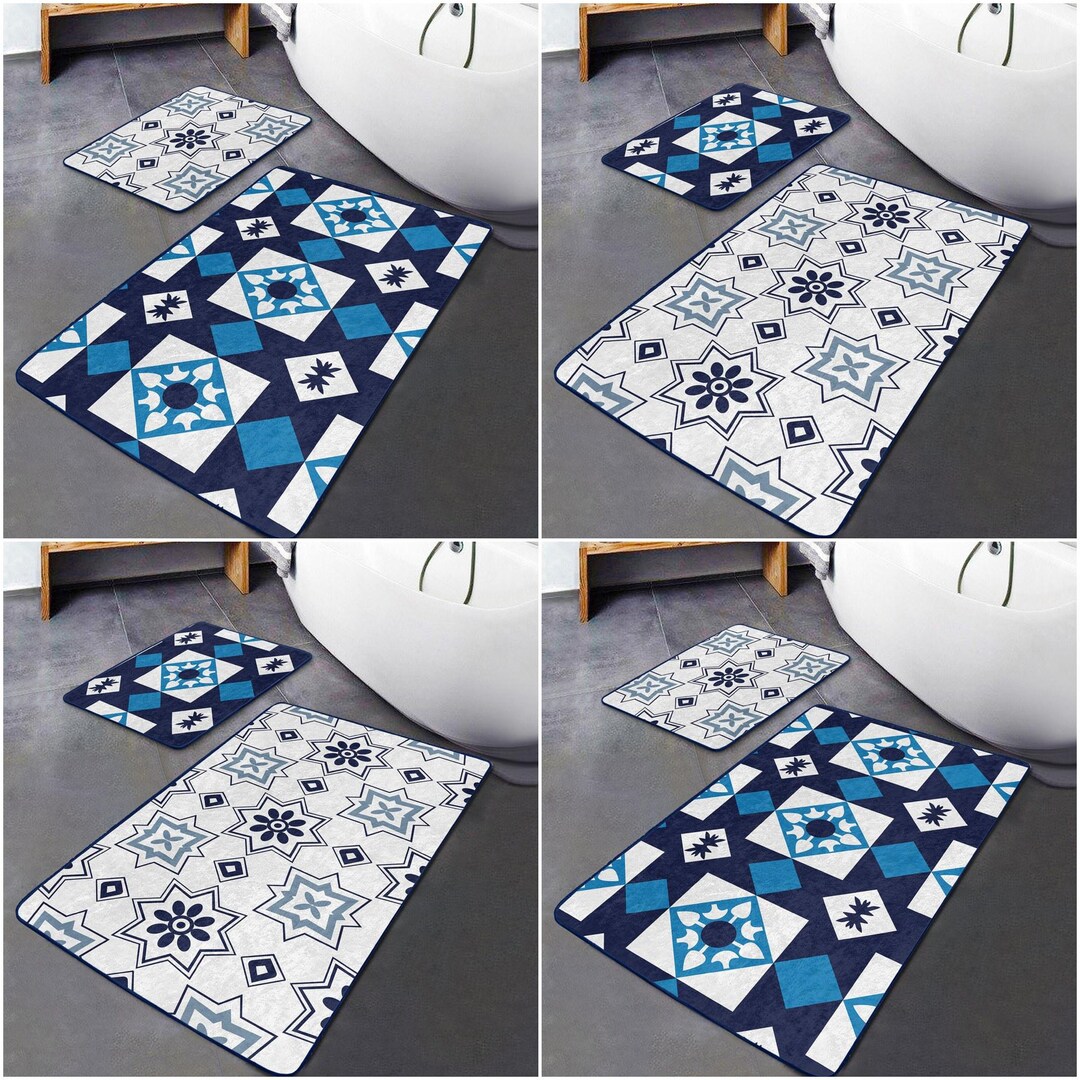 Geometric Ethnic Bath Mat Set: Velvet Abstract Kitchen Rugs - Etsy