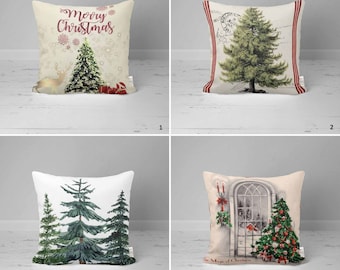 Federa Per Cuscino Natalizia 45x45 Cm: Lino Bianco Con Albero Di Pino Verde, Decorazione Invernale