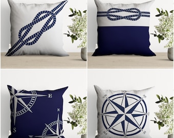 Navy Compass and Knot Print Cushion Cover,Nautical Pillow Case,Navy Marine Pillowcase,Beach House Decor,Blue White Coastal Throw Pillow Top