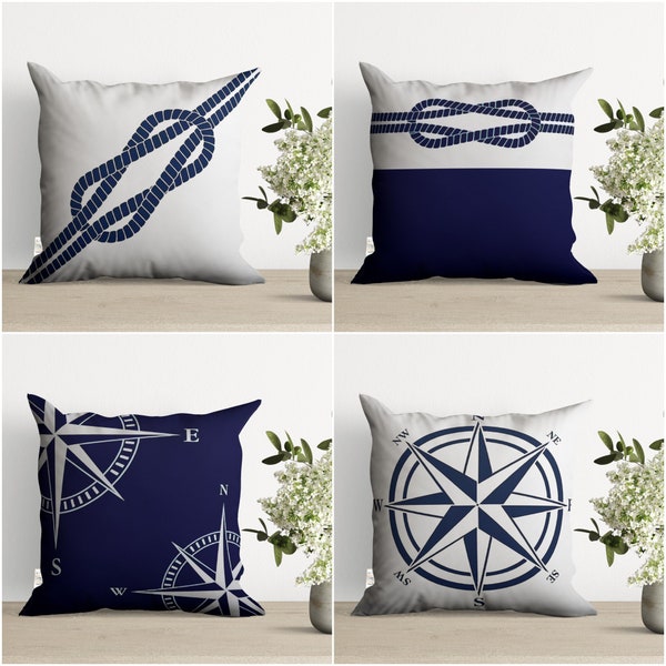 Marine kompas en knoop print kussenhoes, nautische kussensloop, marine marine kussensloop, strandhuis decor, blauw witte kust gooien kussen top