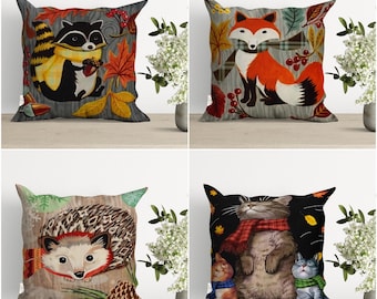 Animal Print Fall Pillowcase,Raccoon,Fox,Hedgehog and Cat Autumn Pillow Cover,Farmhouse Pillow,Thanksgiving Decor,Fall Throw Pillow