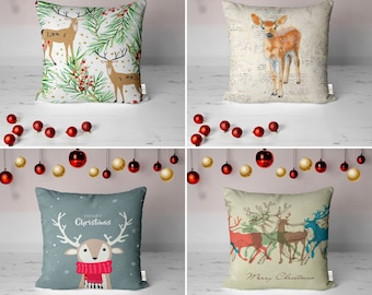 Pack De 4 Fundas De Cojín Navideñas De Lino Y Algodón | 40x40 Cm | Diseño Rojo Con Ciervo Y Copo De Nieve | Cremallera Oculta | Solo Funda (Relleno No Incluido)