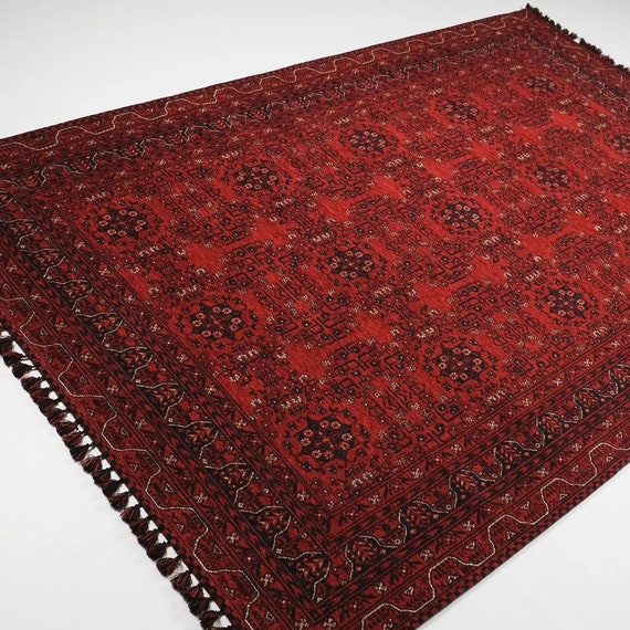 Red Afghan Area Rug,Rustic Afghan Carpet,Machine-Washable Ethnic Design Rug,Housewarming Multi-Purpose Carpet,Non-Slip Living Room Carpet