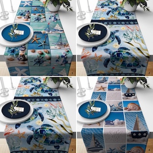 Ocean Turtle Journey Table Runner,Nautical Coastal Scenes Tabletop,Sea Turtle Adventure Table Cover,Beach Vacation Tablecloth