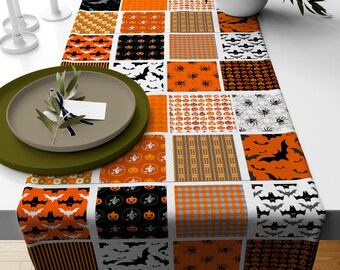 Skeleton Print Runner,Halloween Table Runner,Patchwork Runner,Black Cat Tabletop,Halloween Home Decor,Carved Pumpkin Print Table Runner