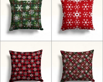 Snowflake Throw Pillowtop,Plaid Design Xmas Pillow Cover,Checkered Home Decor,Festive Winter Pillow Case,Geometric Porch Cushion Case