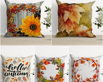 Floral Autumn Pillow Case,Hello Autumn Decor,Dry Leaf Cushion Case,Thanksgiving Throw Pillow Cover,Farmhouse Fall Pillowtop,Outdoor Pillow