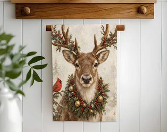 Winter Deer Reindeer Hand Towel,Christmas Tea Towel,Woodland Xmas Decor,Reusable Towel,Cost Effective Rag