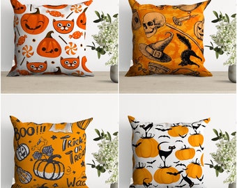 Halloween Pillow Case,Carved Pumpkin and Skull Print Orange Cushion,Black Cat and Bat Cushion Cover,Trick or Treat Boo Throw Pillow Cover