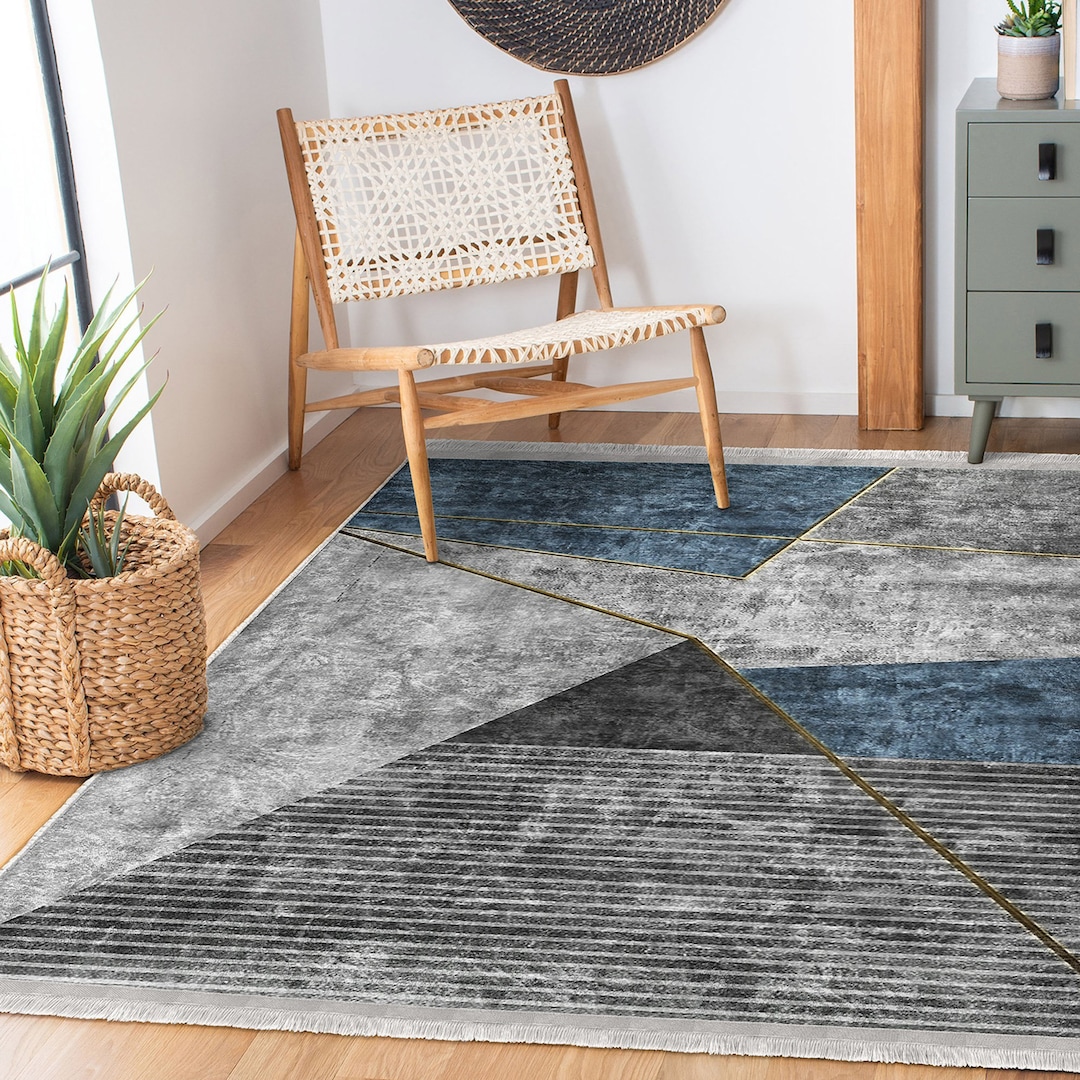 Gray Abstract Rug,geometric Carpet,machinewashable Fringed Nonslip