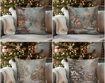 Snowy Christmas and House Print Pillow Case,Winter Village Scene Cushion Cover,Peaceful Cottage Landscape Xmas Pillow Case,Snow Cushion Case