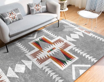 Aztec Design Rug,Ethnic Geometric Decor,Southwestern Rug,Rustic Pattern Machine-Washable Non-Slip Carpet,Aztec Fringed Anti-Slip Floor Mat