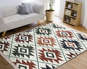 Rug Pattern Carpet,Southwestern Rug,Kilim Pattern Machine-Washable Non-Slip Mat,Aztec Fringed Anti-Slip Floor Mat,Ethnic Geometric Decor
