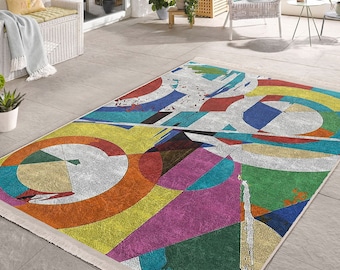 Boho Abstract Rug, Abstract Carpet,Machine-Washable Fringed Non-Slip Rug,Modern Multi-Purpose Anti-Slip Carpet,Colorful Living Room Rug