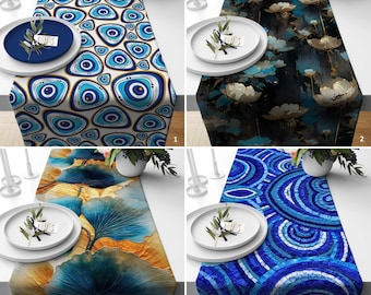 Bloementafelloper, authentiek tafelblad, gezellig tafeldecor, housewarming keukendecor, boze oog tafelkleed, abstracte tafelloper, blauw huisdecor