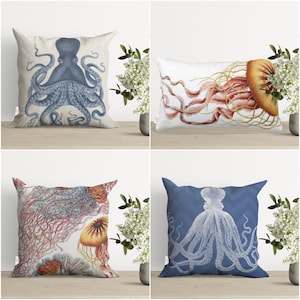 Nautical Throw Pillow Cover,Coastal Print Pillow,Coral Cushion Case,Octopus Pillowcase,Beach House Cushion,Jellyfish Pillowcase