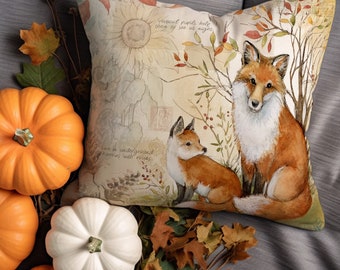 May include: A decorative throw pillow with a watercolor illustration of two foxes in a forest setting. The background features a vintage botanical print with text about foxes. The pillow is beige with brown, orange, and green accents.