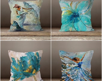 Turquoise Pillow Sham, decoratieve kussensloop, vrouw met paraplu kussenhoes, housewarming kussenhoes, bloemenhuisdecor