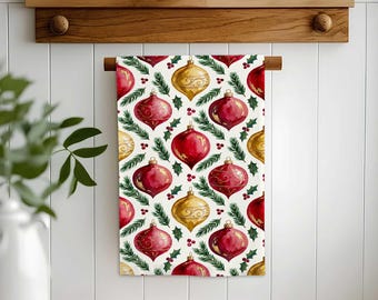 Christmas Ornament Hand Towel,Holiday Tea Towel,Bauble Xmas Decor,Farmhouse Dishcloth,Cost Effective Rag
