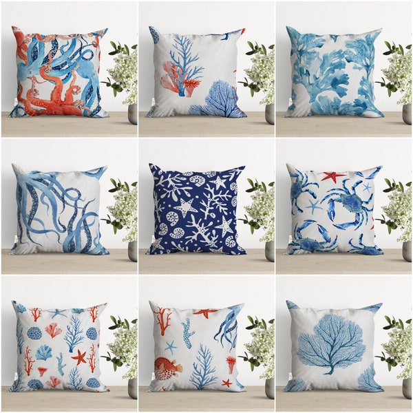 Beach House Pillow Case,Octopus and Coral Pillowcase,Starfish Cushion Case,Nautical Blue Cushion Cover,Coastal Throw Pillow Top
