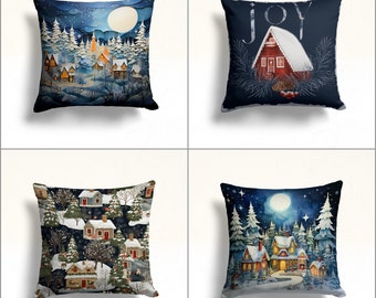 Christmas Pillowcase,House Under Snow Print Porch Cushion Case,Joy Xmas Pillow Cover,Pine Tree Throw Pillowtop,Full Moon Winter Pillow Case