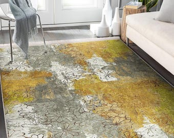 Gold Gray Abstract Rug,Artistic Decor Rug,Contemporary Rug,Boho Accent Carpet,Rustic Non-slip Mat,Floor Covering,Abstract Housewarming Rug