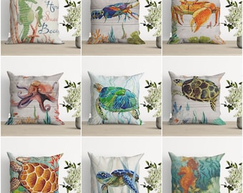 Sea Turtle Pillow Case,Nautical Summer Cushion Cover,Navy Marine Pillowcase,Beach House Decor,Sea Turtle Print Coastal Throw Pillow Cover