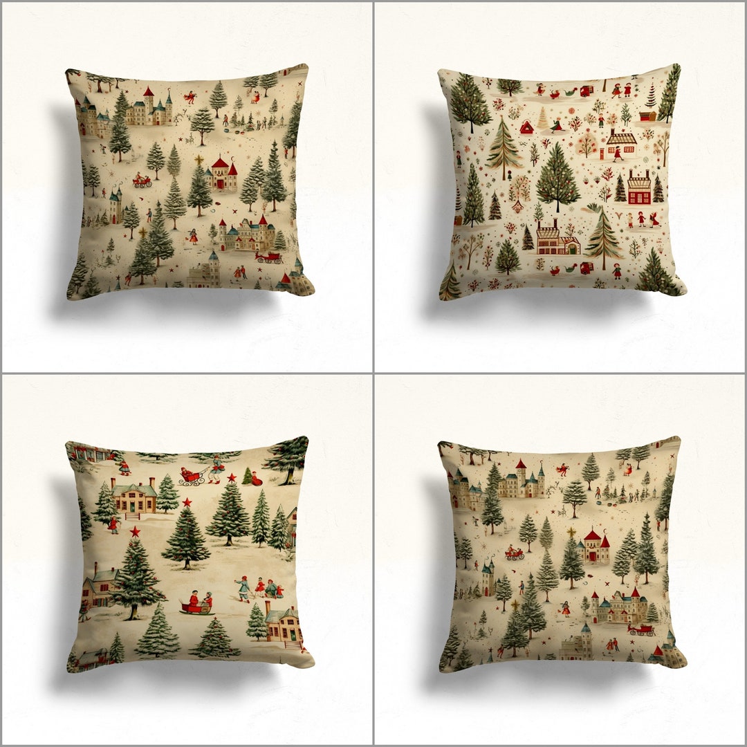 Winter Sofa Cushion Case,xmas Pine Tree Porch Pillow Sham,playing Kids ...