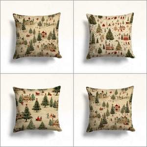 Federa per cuscino divano invernale, federa per cuscino da veranda con albero di Natale e pino, federa per cuscino da tiro con bambini che giocano, federa per cuscino da esterno con case, federa per cuscino con fiocco di neve
