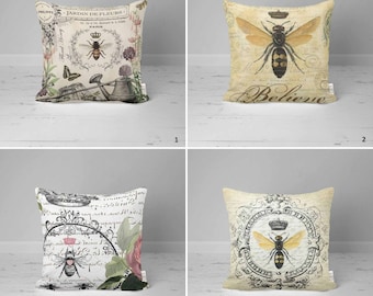 Queen Bee Print Pillow Case,Floral Bee Pillow Cover,Decorative Cushion Case,Housewarming Pillowcase,Rustic Cushion Cover,Throw Pillowtop