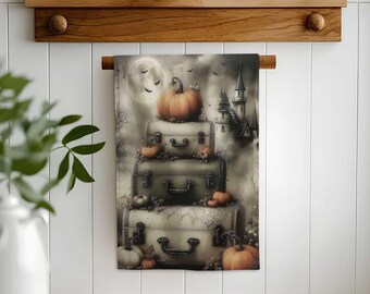 Halloween Hand Towel,Suitcase Pumpkin Design Tea Towel,Gothic Clock Art and Spooky Haunted House Decor,Dark Halloween Style Gift